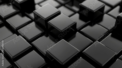 Shiny black cubes on a deep gray block background  exuding elegance and sophistication.