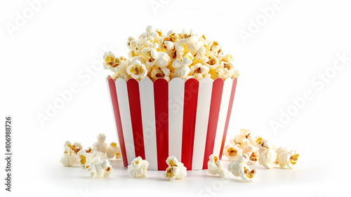 Popcorn in red and white striped paper bucket isolated on white background,