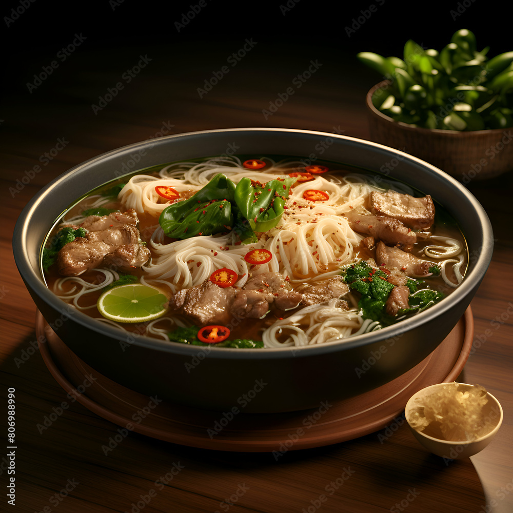 Ramen noodle soup with pork and vegetable in bowl on black background Ramen noodle soup with pork and vegetable in bowl on black background