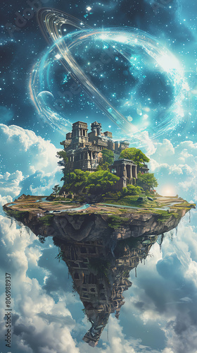 Visualize a magical realm where floating islands dotted with ancient ruins defy gravity