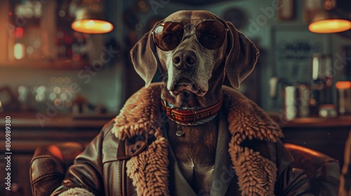 A dog wearing clothes and accessories in the style of actors.