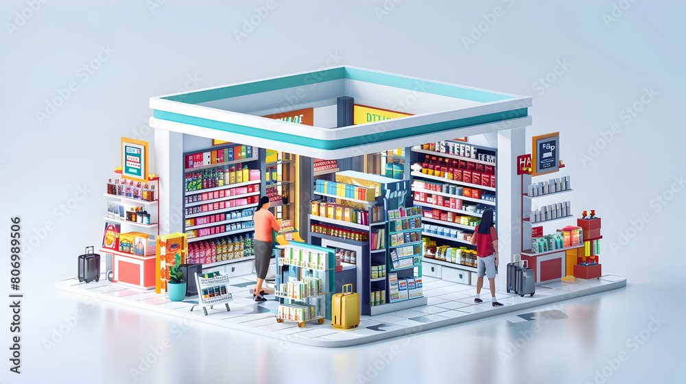 Duty Free Shop Attendant 3D Flat Icon in Airport Scene: Traveler Assistance with Product Selection, Convenience of Airport Shopping Highlighted