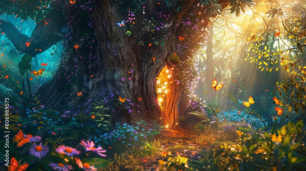 Enchanted tree trunk with glowing doorway and magical butterflies in a vibrant forest glade under soft sunlight.