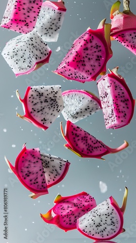 Abstract representation of dragon fruit pieces cut and floating freely, utilizing negative space to enhance the fruits unique texture and form photo