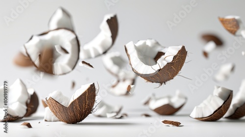 Abstract representation of coconut pieces cut and floating freely, utilizing negative space to enhance the visual impact of the tropical fruit