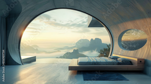 Luxurious Bedroom Overlooking Misty Mountains © Tony A