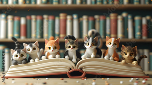 Isometric 3D Flat Icons: Educational Children s Book Reading About Cats at Local Library   Featuring Stories on Cat Care photo