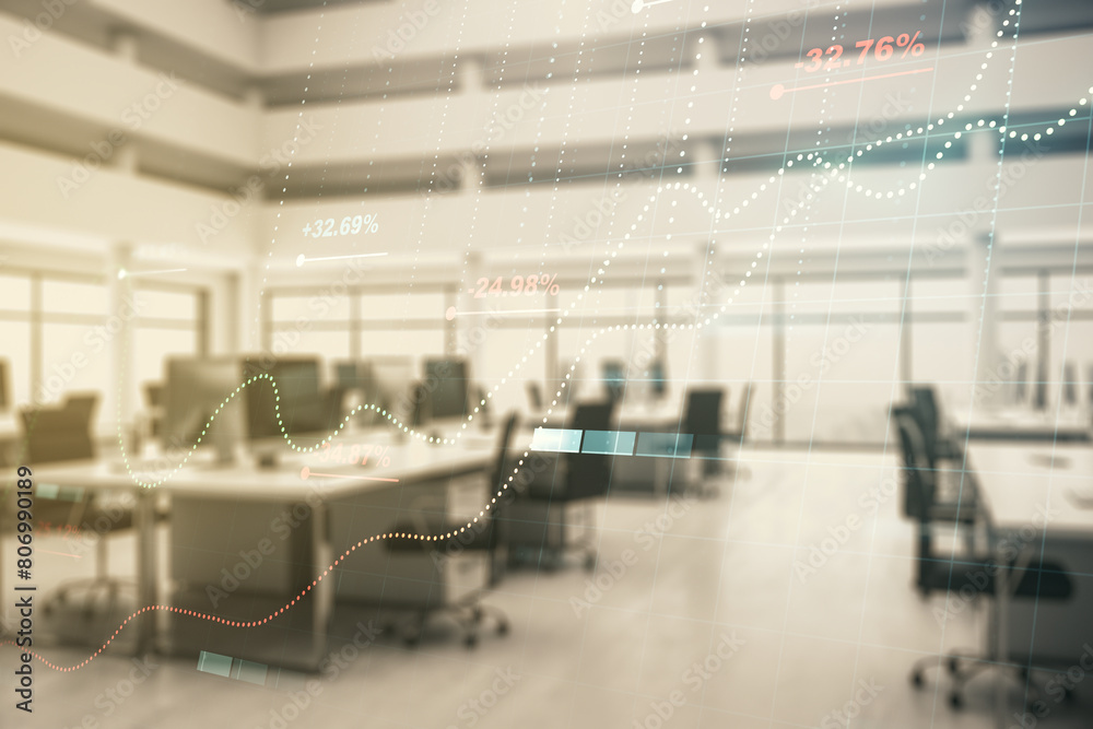 Multi exposure of creative statistics data hologram on modern corporate office background, stats and analytics concept
