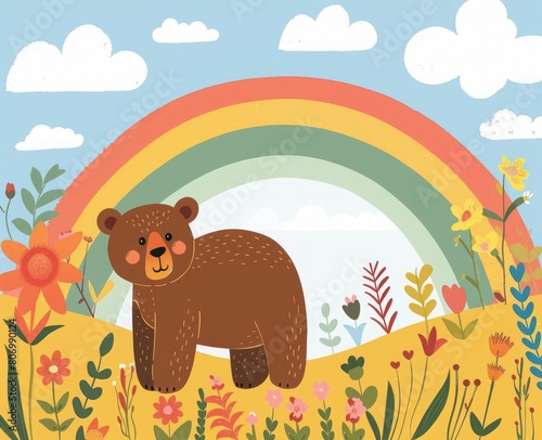 cartoon bear on a rainbow background.