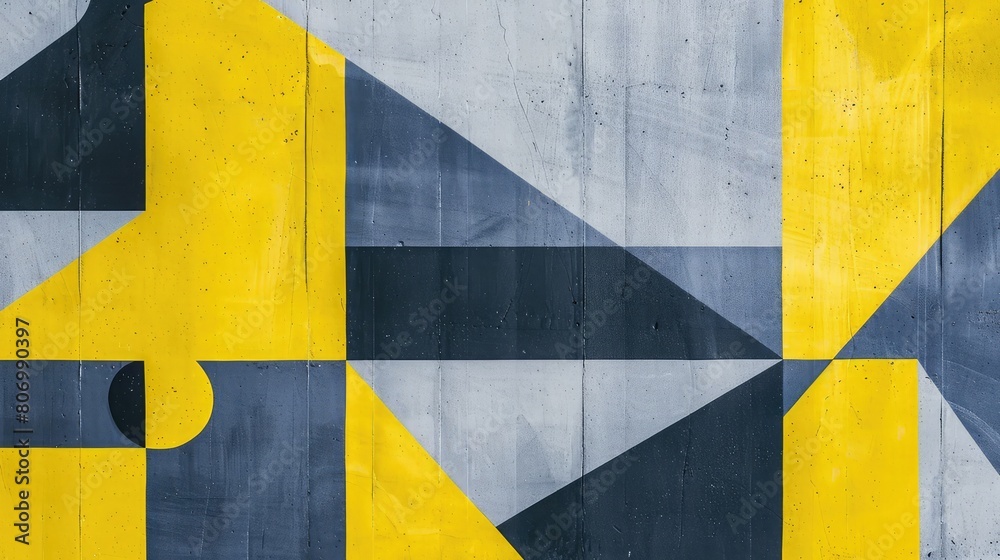 Fototapeta premium Abstract geometric pattern in lemon yellow and graphite grey on cement.