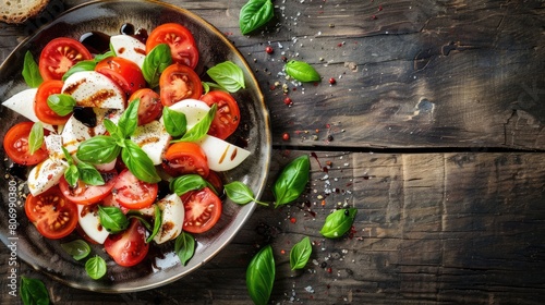 A fresh salad made with tomatoes, mozzarella, basil, and balsamic vinegar, served in a bowl on a wooden table AIG50