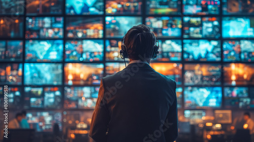 engineer with headset in a launch control room, staring at screens a launch that about to happen