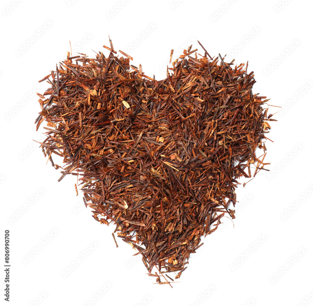 Fototapeta premium Heart made of rooibos tea isolated on white, top view