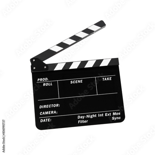 One movie clapper isolated on white. Film industry photo