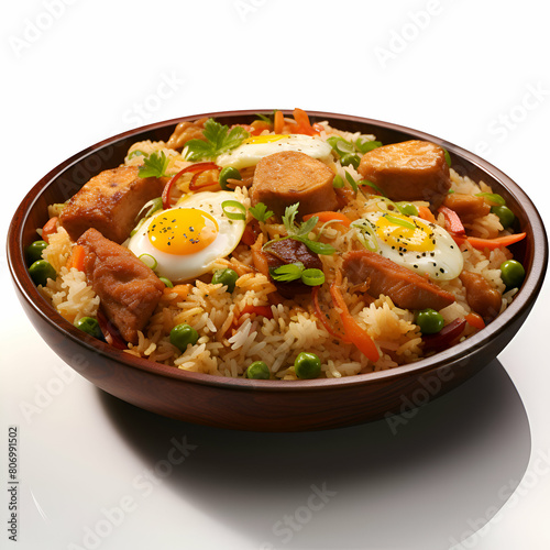Fried rice with meat and vegetables in a bowl on white background