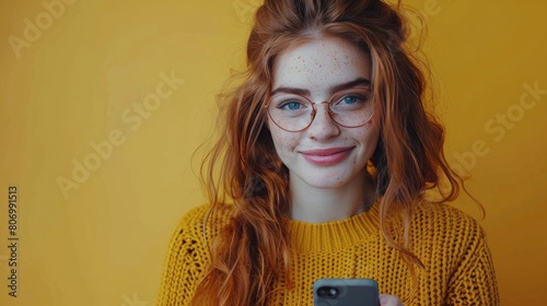 Girl With Red Hair and Glasses Holding Cell Phone