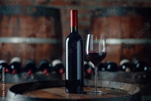 Red wine bottle and glass on wooden barrel.