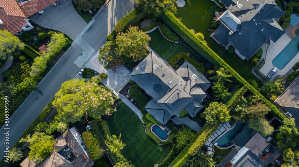 Overhead shot of an upscale house with a lush garden, pool, and surrounding neighborhood as the sun sets. Overhead shot of an upscale house with a lush garden, pool, and surrounding neighborhood as the sun sets.