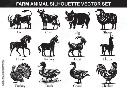 12 Farm Animal Silhouette Vector Illustration Set