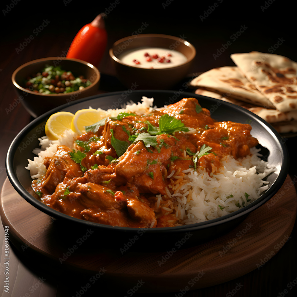 Chicken tikka masala served with rice and naan bread Chicken tikka masala served with rice and naan bread