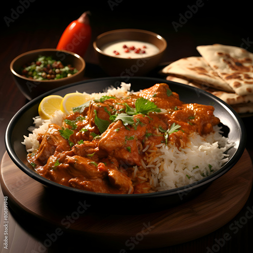 Chicken tikka masala served with rice and naan bread