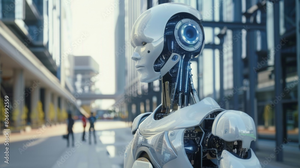 A highly advanced humanoid robot explores a modern cityscape, reflecting technological progress. A highly advanced humanoid robot explores a modern cityscape, reflecting technological progress.