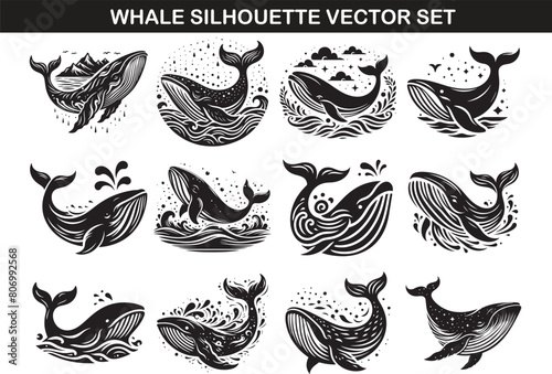 Whale Silhouette Vector Illustration Set
