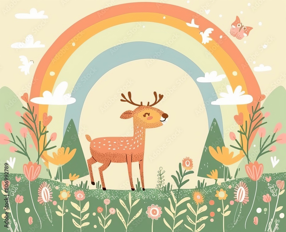 Obraz premium cartoon deer on a rainbow background.
