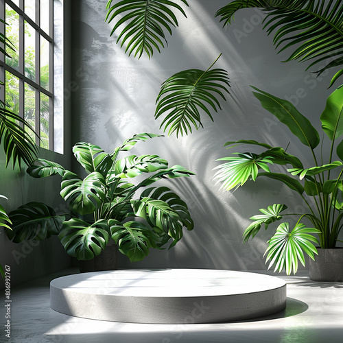 White podium with tropical leaves and shadows. Realistic platform for product presentation. Minimal nature scene with pedestal mockup.