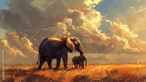 majestic african elephant mother and calf in serene savanna landscape digital painting