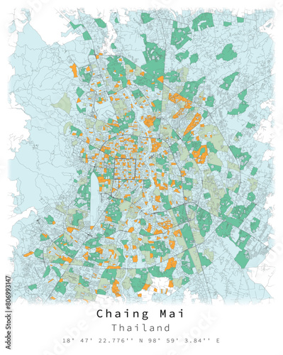 Chaing Mai,Thailand,city centre,Urban detail Streets Roads color Map  ,vector element template image