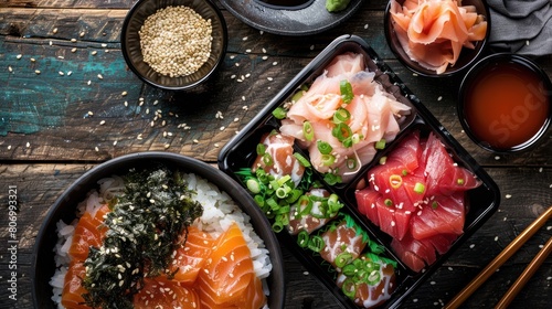 food Tekka Don take away on wooden background raw tuna salmon otoro seaweed rice