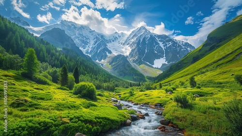 majestic mountain landscape with snowcapped peaks and lush valleys aweinspiring scenery