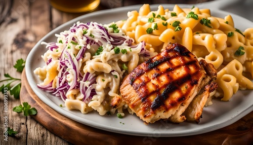 Grilled or smoked chicken carved into pieces with mac and cheese and cole slaw
 photo