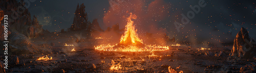 Capture a ceremonial dance around a glowing digital campfire, symbolizing the harmonious coexistence of tradition and technology in a vibrant CG 3D rendering