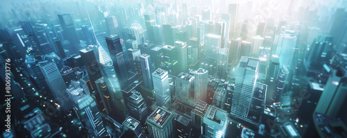 Capture an aerial view of a cityscape with futuristic holographic technologies integrated