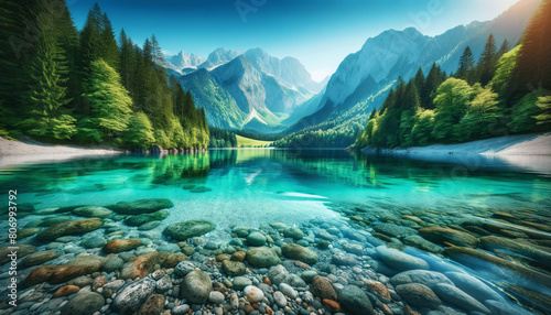 A serene mountain lake landscape, showcasing crystal-clear turquoise waters. The foreground includes a smooth