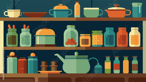 A room filled with shelves of mason jars enamelware and oldfashioned kitchen gadgets perfect for adding a touch of nostalgia to any home.. Vector illustration