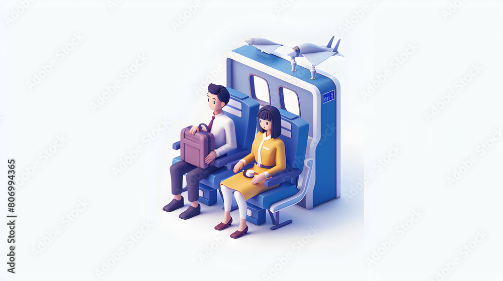 Isometric 3D Flat Icons: Flight Attendant Assisting Passengers Concept in Cabin Showcasing Essential Hospitality and Safety Role on Every Flight Isometric 3D Flat Icons: Flight Attendant Assisting Passengers Concept in Cabin Showcasing Essential Hospitality and Safety Role on Every Flight