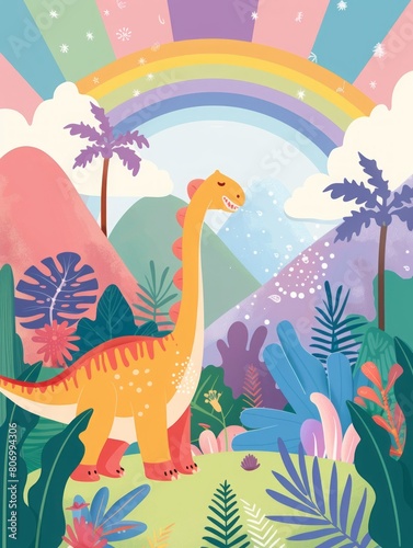 cartoon dinosaur on a rainbow background.