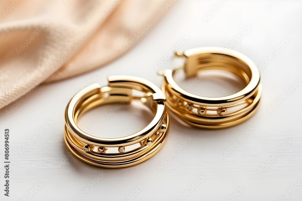 Subject shot of a pair of golden stud earrings isolated on the white textile surface. Each earring is made in the form of a triple unlocked hoop.
