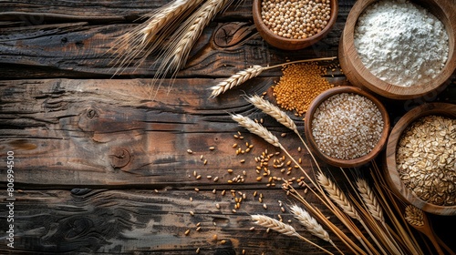 Different types of natural grains and flours with fresh wheat, artistically presented on a vintage wood backdrop. photo