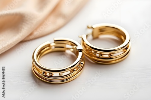 Subject shot of a pair of golden stud earrings isolated on the white textile surface. Each earring is made in the form of a triple unlocked hoop. 