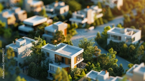 A top-down perspective of residential houses nestled among lush green trees in a suburban neighborhood.