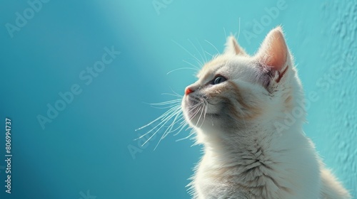 An elegant white cat sits gracefully with a graceful posture against a turquoise background, creating a peaceful and minimalistic look.