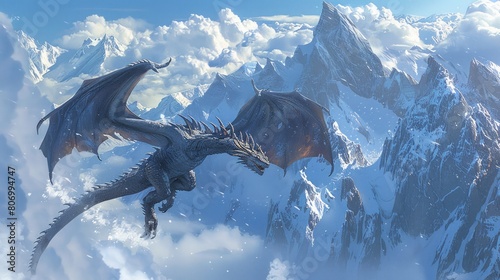 Icy dragon soaring over snow-covered mountains with clouds swirling around its majestic form.