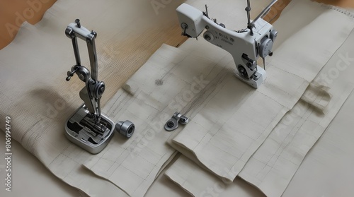 Modern sewing machine presser foot with linen fabric and thread, closeup, copy space. Sewing process clothes, curtains, upholstery. Business, hobby, handmade, zero waste, recycling, repair concept.gen photo