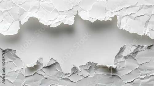 High-resolution image showing a plain white paper with a large tear in the middle, creating rough edges and ample copy space. Perfect for backgrounds or graphic elements.