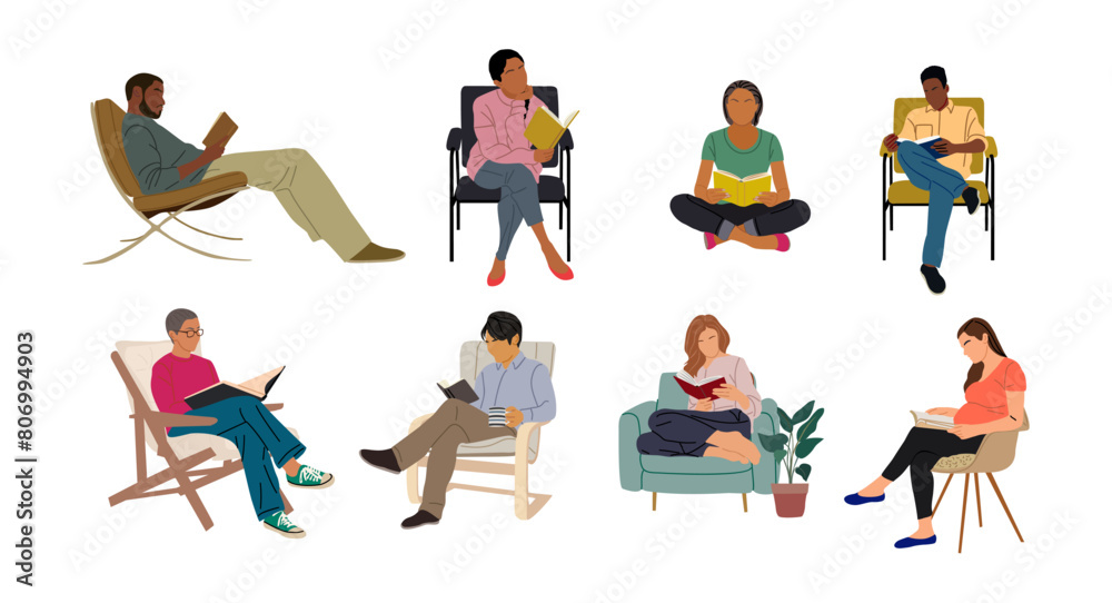 Set of different people, multiracial men, women reading book, sitting on chair, lying on sofa, standing, pregnant woman. Book loving concept. Cartoon vector characters on transparent background.