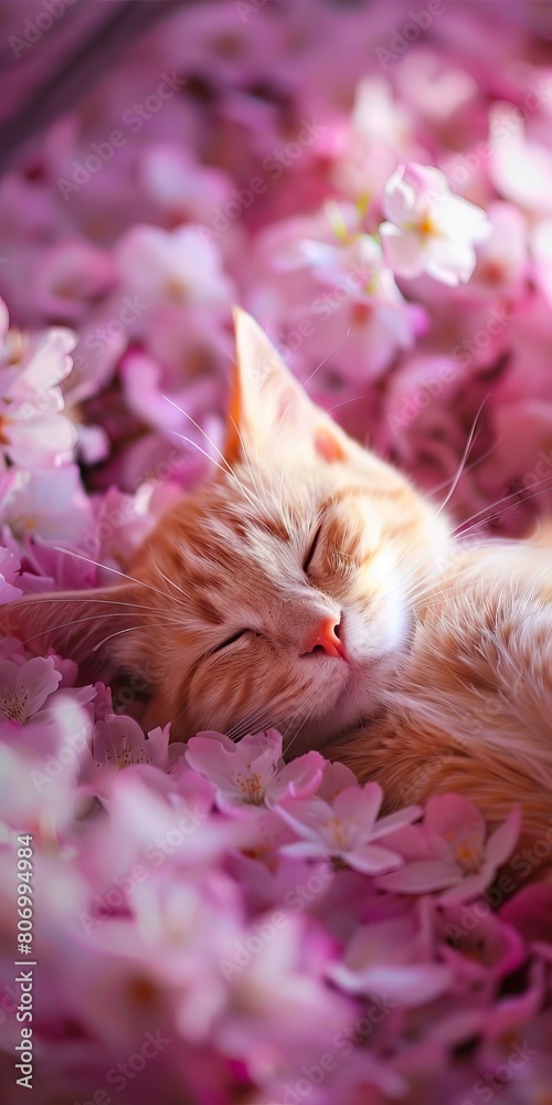 A cat sleeping in pink flowers.